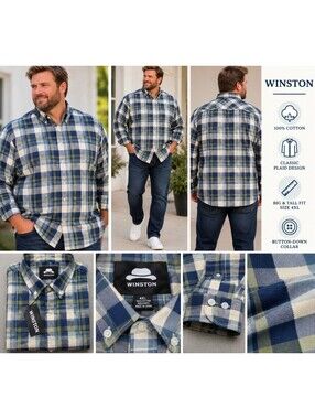 Winston Men’s 4XL Plaid Button Down Shirt NWT 100% Cotton Blue Green Big & Tall